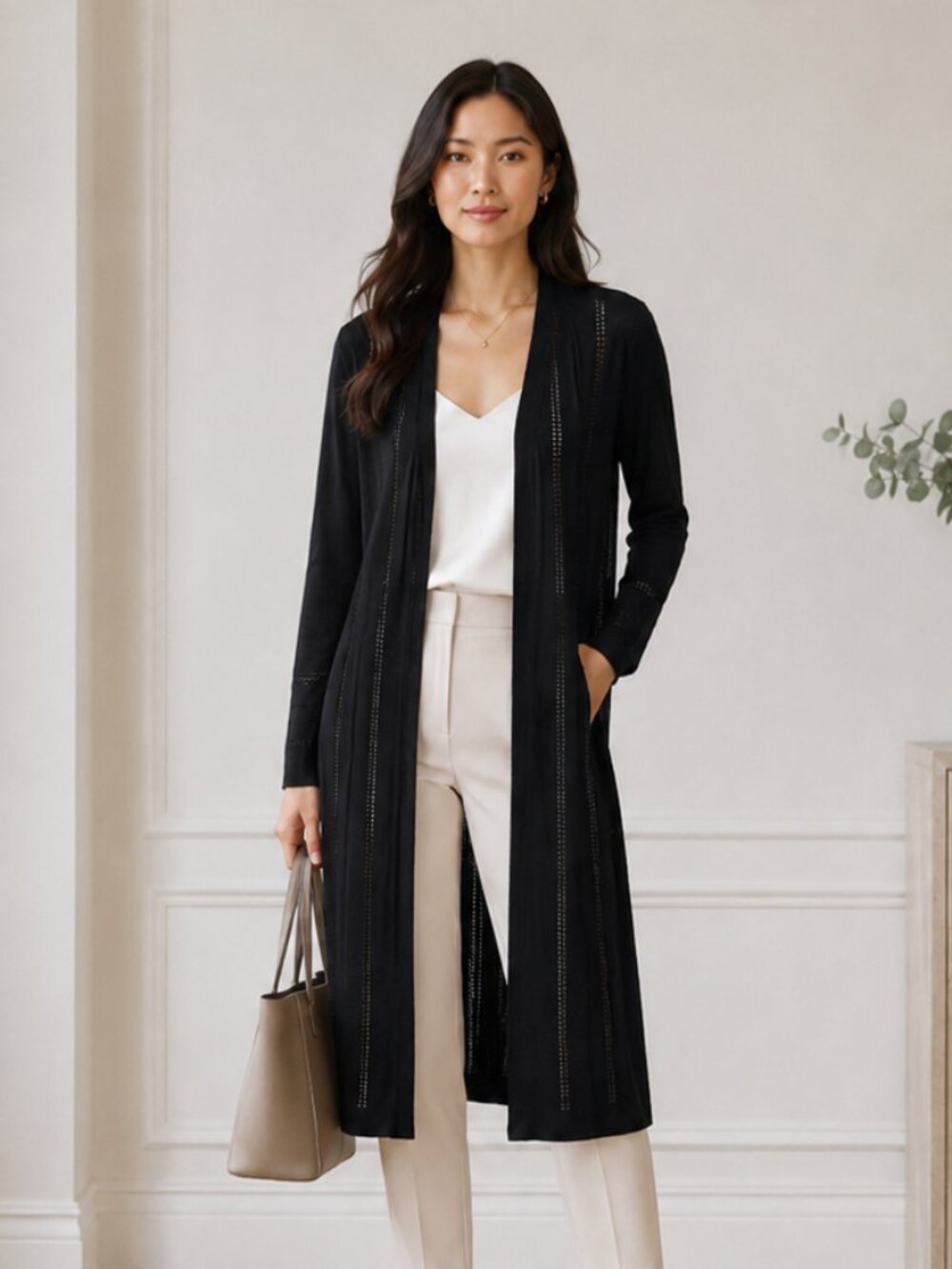 Charter Club Long Cardigan S Black Open Front Semi Sheer Lightweight Layer